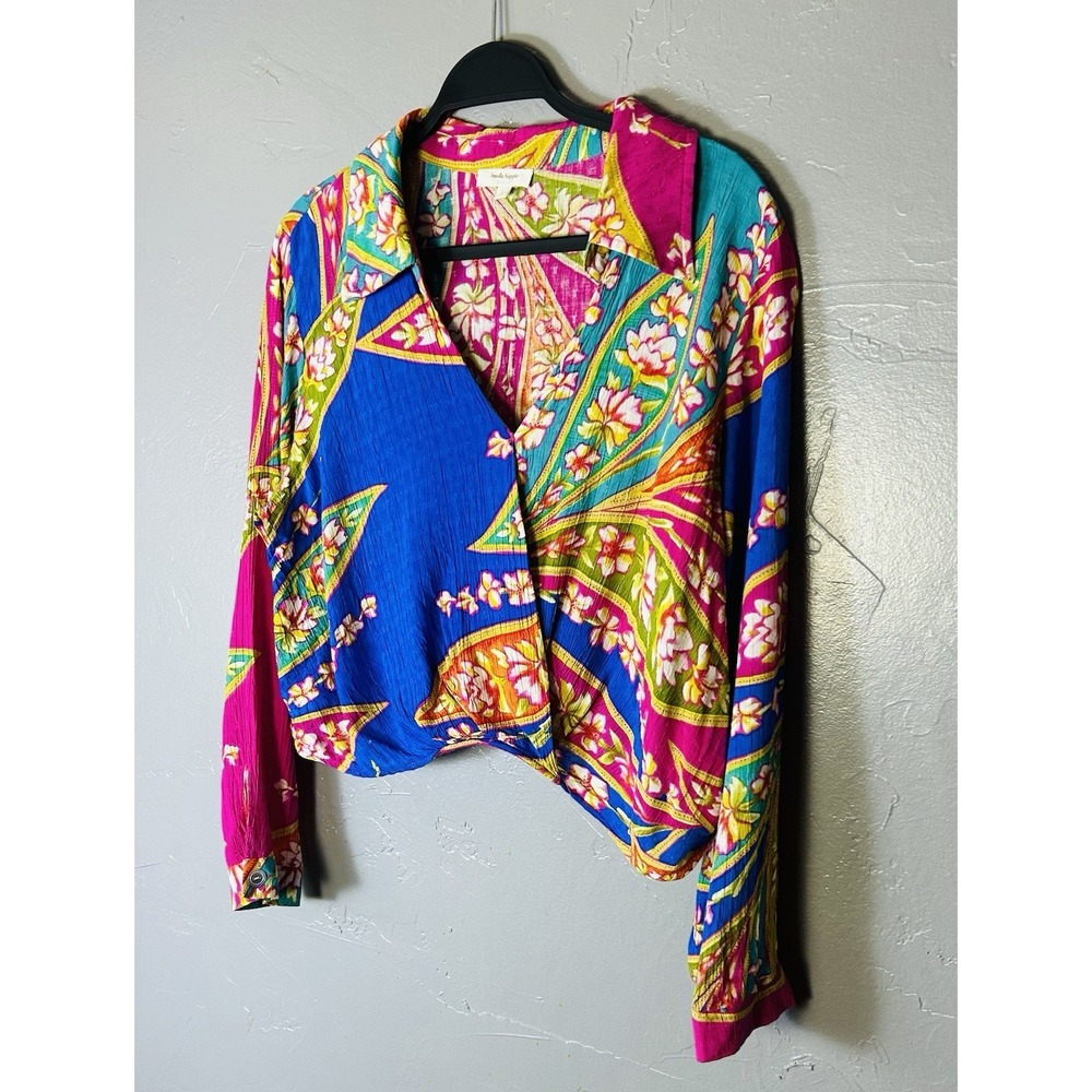 Haute Hippie colorful spring blouse cross-closure front tropical print Size L - Picture 2 of 12